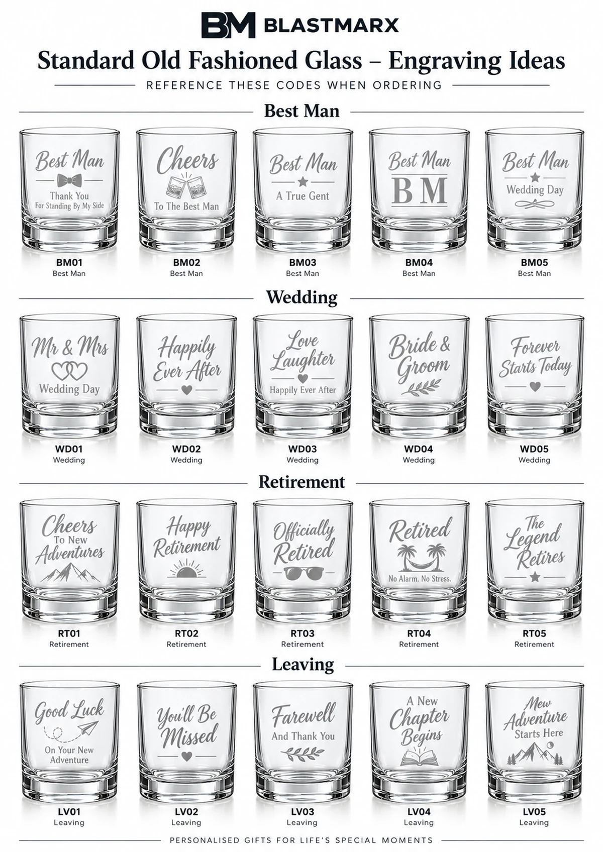 BLASTMARX Best Man, wedding, retirement and leaving engraving ideas with reference codes